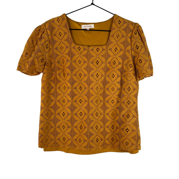 Solitaire Tops - Solitaire Womens Blouse Yellow Geometric Short Sleeve Square Neck Lined Boho XL